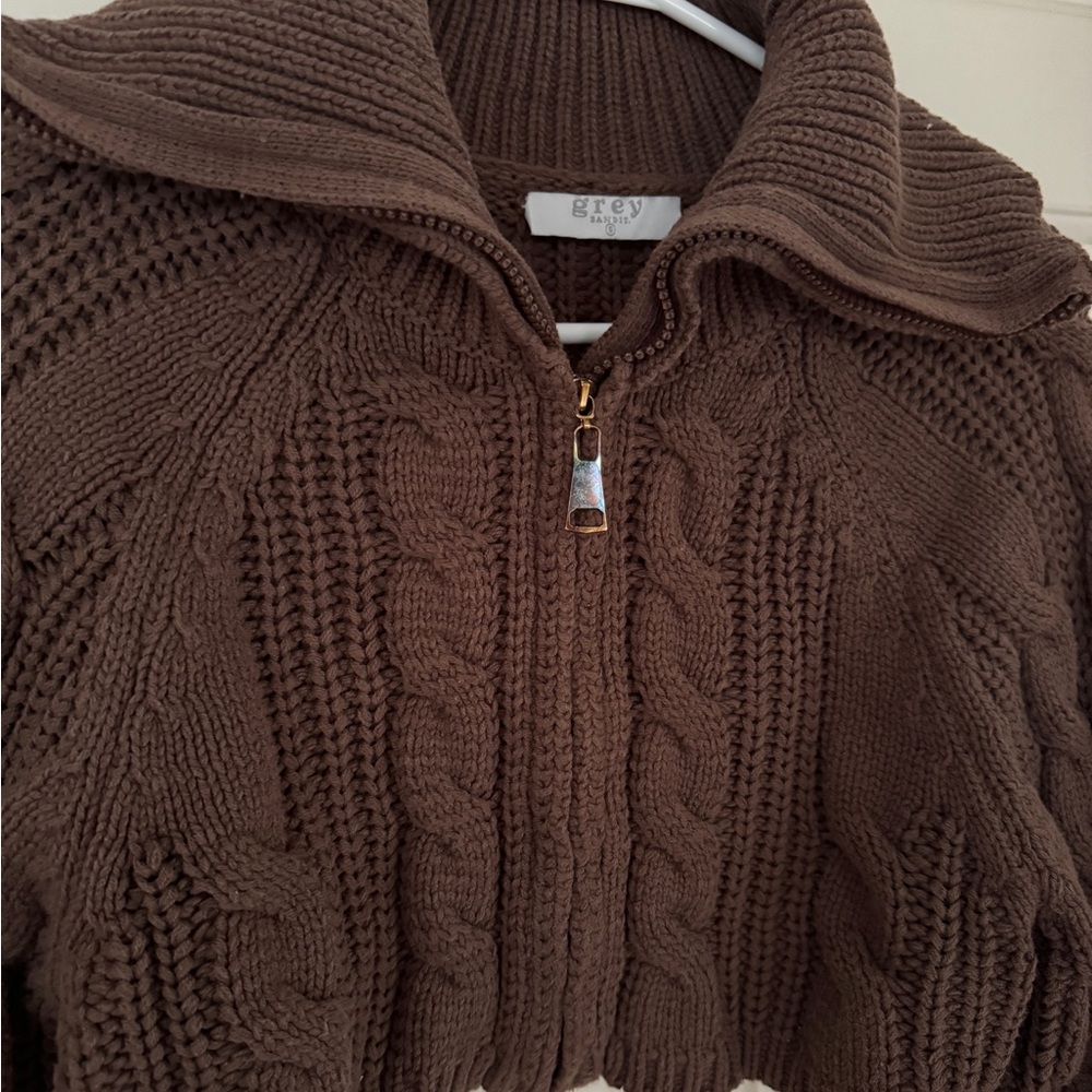Grey Bandit Brown Cable Knit Cropped Zip Up Cardigan - Picture 4 of 7